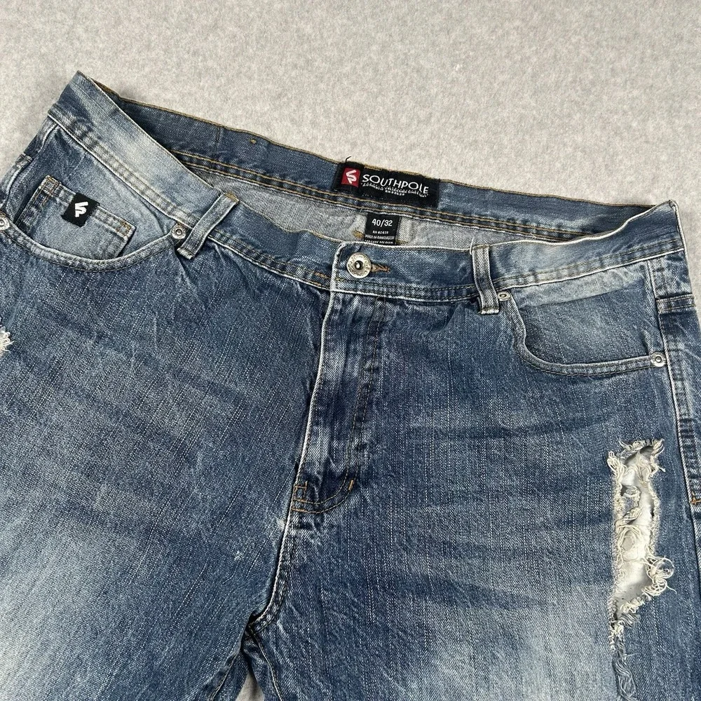 Southpole Jeans Mens Size 40x32 Blue Distressed Tapered Moto Acid‎ Wash VTG Y2K